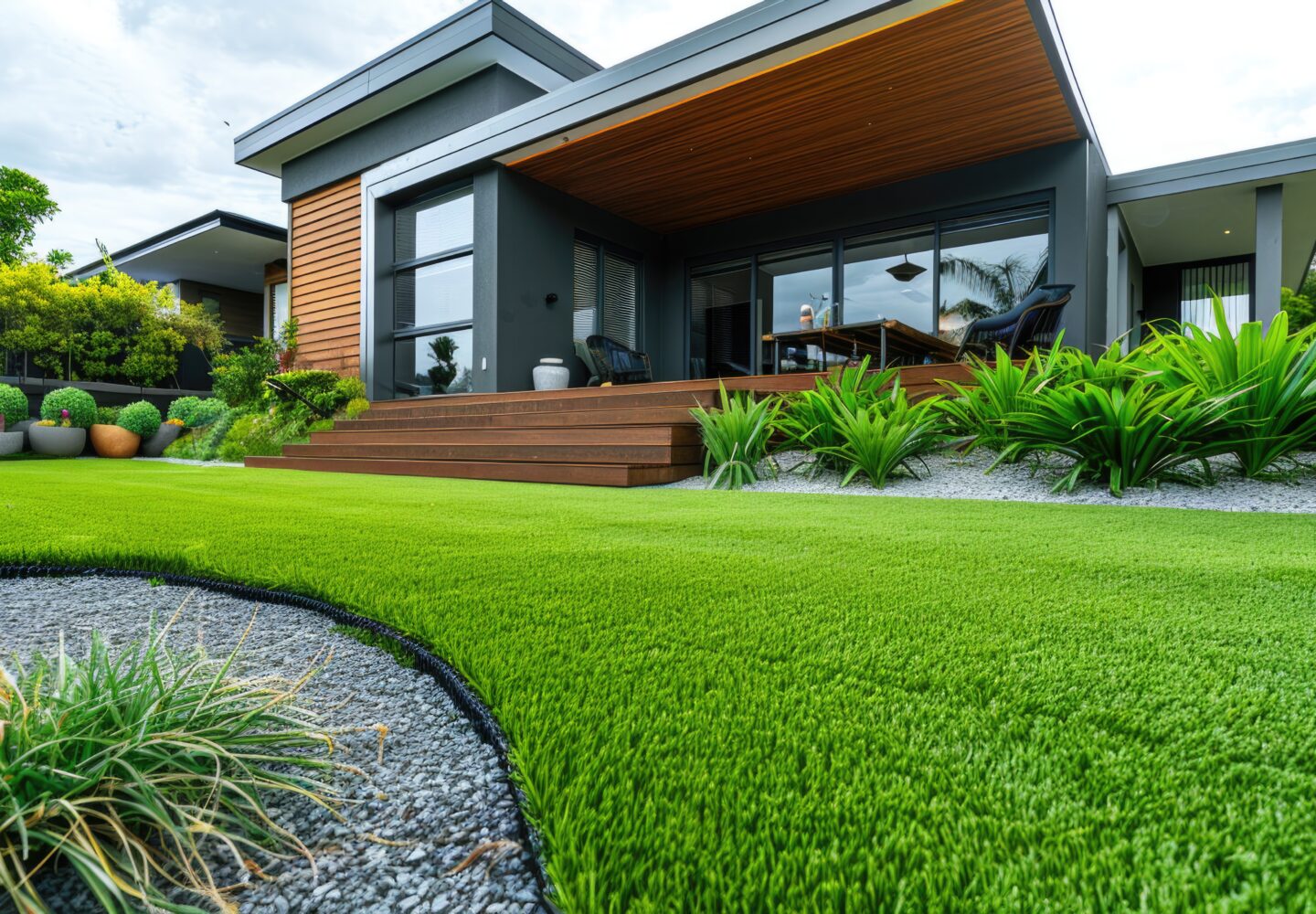 The front yard of a contemporary Australian home or residential building showcases artificial grass lawn turf with timber edging