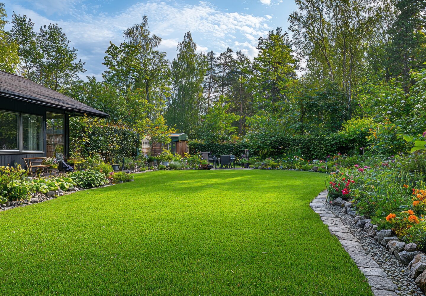 A picturesque garden scene featuring a lush green lawn, vibrant flowerbeds, and a modern house. The image evokes a sense of serenity and natural beauty.